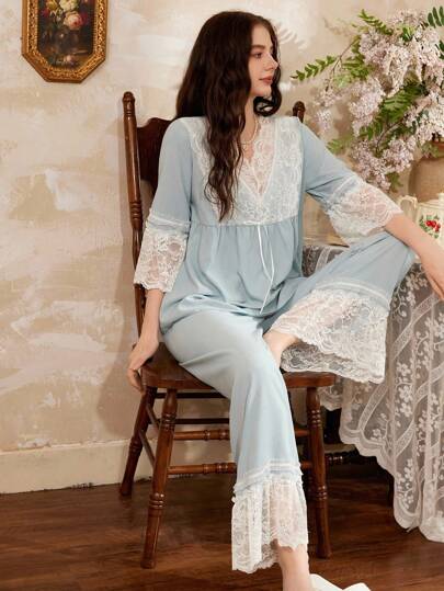 Côtesoire Romantic French Elegant Lace Ladies Pajama Set
