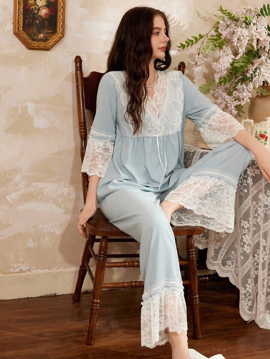 Côtesoire Romantic French Elegant Lace Ladies Pajama Set - Blue - View 1