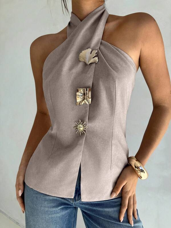 Aloruh Nuovo abbigliamento estivo da donna, top da esterno, gilet in tessuto di chiffon color albicocca senza maniche, decorazione in metallo a foglia di ginkgo, adatto per uso quotidiano