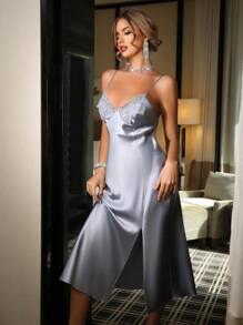 SilkySpell Vestido lencero sexy con escote bordado y abertura en el dobladillo