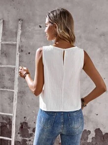 EMERY ROSE Women's Casual Plain Color Button Decor Split Hem Loose Sleeveless Blouse, Summer - White - View 2