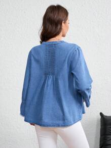 SHEIN Maternity V-Neck Long Sleeve Fringed Denim Top, Fashionable Summer