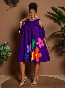 Maweii Summer Round Neck Off Shoulder Cartoon Flower Print Casual Vacation Dress - Purple - View 3