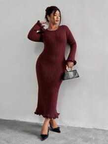 Firerie Plus Size Women Long Sleeve Solid Color Round Neck Frill Trim Fitted Knit Dress Fall/Winter - Brown - View 5