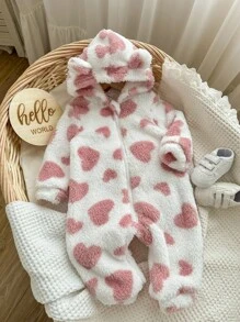 Pelele con capucha con estampado de corazón esponjoso para bebé recién nacida, otoño/invierno