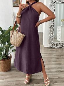 Breezaya Đầm không tay in họa tiết denim cỡ lớn cho nữ - Màu tím hoa cà - Xem 5