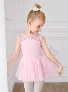 Vestito da ballerina con tutu in pizzo rosa senza maniche per ragazze, body da danza estivo