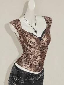 SHEIN ICON Women's Leopard Print Contrast Lace Cap Sleeve Tee, Fashionable For Summer Leopard Print Top Women Dressy Tops Brown Top Gothic Top Lace Trim Top - Multicolor - View 6