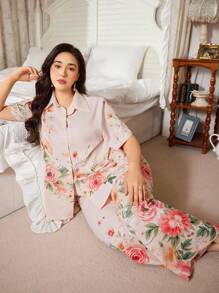 SHEIN Große Größen Neuer Blume Muster Top & Hose Pyjama Set - Verschiedenfarbig - Übersicht 3