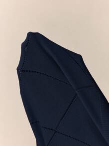 BizChic Navy Blue Polo Collar Diamond Knit Short Sleeve Pullover Sweater For Women, Basic Urban Commute Style, Simple Elegant Business Casual, Suitable For Teachers, Office Wear Fall Tops