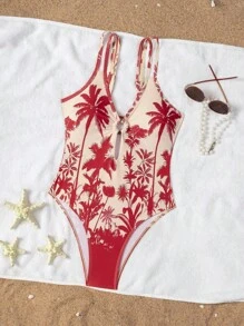 Swim Chiccia 女士热带棕榈树印花露背连体泳衣，可调节肩带，修身高开叉，适合海滩度假 - 彩色 - 查看 4