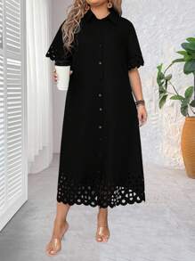 Đầm sơ mi hở vai tay ngắn màu trơn mùa hè cỡ lớn cho nữ - màu đen - Xem 4