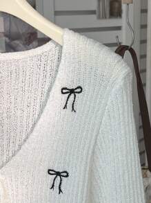 Flirla New Bow Embroidery Cardigan Sweater For Women, Minimalist & Fashion, Autumn - White - View 5