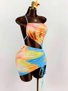 Amplova One Shoulder Two-Tone Big Floral Print Drawstring Tie Bodycon Mini Dress