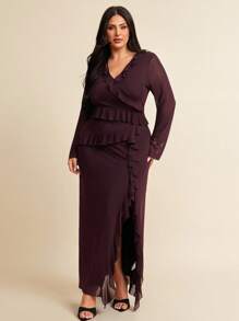 SHEIN BAE Plus Size Long Sleeve Burgundy Dress, Elegant Autumn Sweet Ruffle Mesh Dresses For Women, Wedding Guest Birthday Party Homecoming - Coffee Brown - View 3