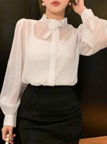 DAZY Women's Elegant Ruffle Collar Chiffon Blouse With 3D Beaded Floral Decor, Casual Business Commute Long Sleeve Shirt, Suitable For Spring, Summer, Autumn,Fall Women Clothes - White - View 6