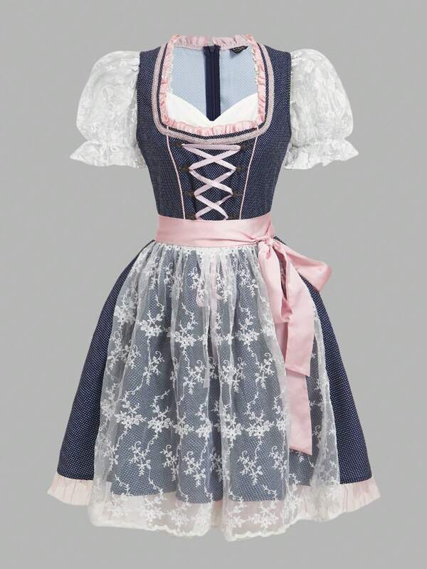 Fairmaia Women's  Blue Print Lace Patchwork Waist Cinched Short Dress Set German Traditional Women Floral Print Square Neck Sleeveless Dirndl Dress, For Oktober Dirndl,Oktober ,Aditional