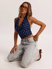 SHEIN BAE Camiseta de punto holgada con cuello halter de malla marrón minimalista, adecuada para uso casual, ir al trabajo, citas, salir con amigos, vacaciones en Italia y diversas ocasiones en primavera y verano