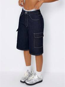 SHEIN ICON 女士休闲翻盖口袋宽松牛仔短裤，夏季
