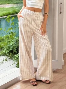 Ria Solene Women's Elegant Academic Plaid Striped Elastic Waist Wide Leg Pants, Versatile Fall Cloth For Women - Apricot - View 3