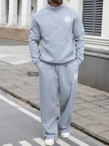 Manfinity Homme 2pcs Men Plus Size Casual Long Sleeve Sweatshirt & Loose Sweatpants Set,Fall Clothes - Grey - View 4