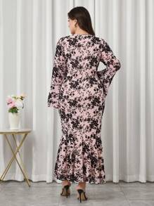 Modelyn Vestido elegante con efecto de sirena, apretado, con encaje y mangas acampanadas, para tallas grandes, para primavera/verano - Rosa - Ver 2