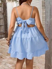 SHEIN Clasi Robe de vacances décontractée à bretelles spaghetti, taille élastique, couleur unie, convient pour femmes de grande taille - Bleu azur - Voir 2