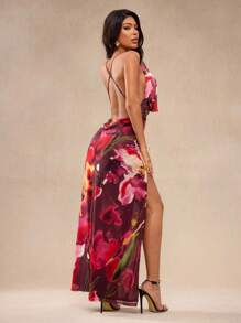 Glamance Studio Sense Vestido largo de gasa con estampado floral degradado, escote sexy, múltiples capas y abertura alta, ideal para fiestas, eventos diarios, festivales, vacaciones, playa, conciertos country, salidas nocturnas y talla grande