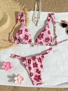 Swim Mod Women Pink Floral Print Bikini Set, 2pcs Beach Swimsuit