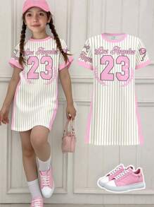 Girls Casual & Fashionable LA 23 Stripes Slogan & Letter Print Short Sleeve T-Shirt Dress, Sibling Outfits Matching Set (2pcs Sold Separately) Girls Sport Dress Baseball Dress Kids Clothes Girls Girls Pink Dress Girls Jersey Dress