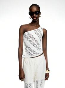 LYSMO Women's Elegant Solid Color Lace Asymmetric Top - Beige - View 1