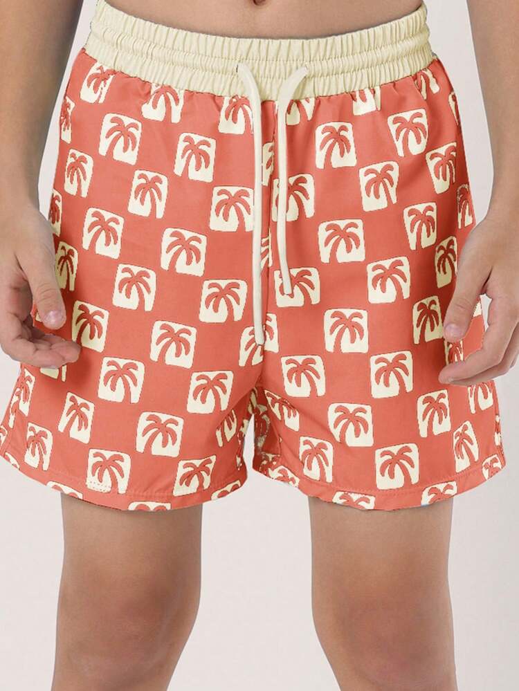 Drawstring Palm Tree Pattern Beach Pool Swimwear Board Shorts