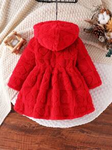 Vestido Confortável e da Moda para Meninas Pequenas, Manga Longa com Capuz Fofo Vermelho com Coração de Pelúcia, Outono/Inverno