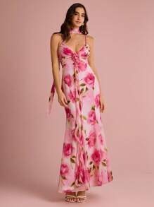 Enchnt 夏季浪漫女士粉色花卉印花 3D 玫瑰装饰荷叶边细肩带美人鱼连衣裙，配颈带，甜美优雅，适合度假、约会、节日、生日、派对、毕业典礼、婚礼嘉宾和海滩，舞会礼服，女士夏季连衣裙，女士太阳裙，夏季服装，女士夏季服装，优雅的派对连衣裙， - 粉色 - 查看 3