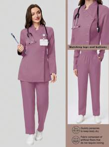 Scrubzie 2pc Set Women Scrub Uniform Shirt With Stand Collar & Long Sleeves, Wrinkle Resistant + Pants - Pink - View 1