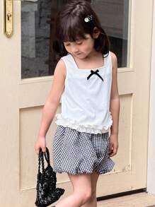 SHEIN 2-teiliges Set für Kleine Mädchen mit lässigem Camisole und Bloomers, Schleifendekor und Rüschensaum - Verschiedenfarbig - Übersicht 2