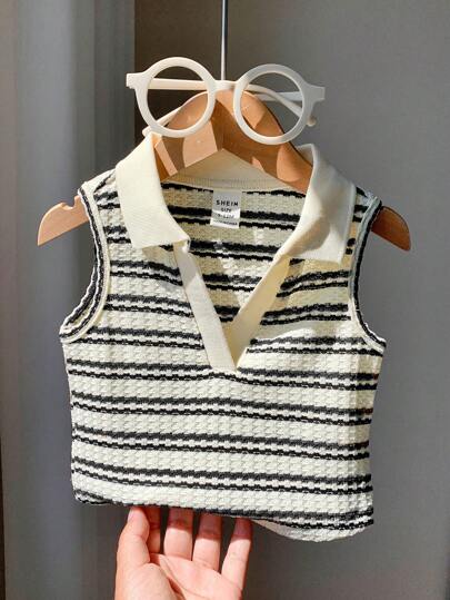 SHEIN 可爱条纹无袖Polo衫，百搭夏季
