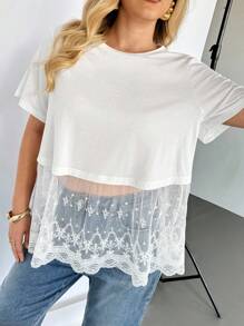 Auralis Camiseta de manga corta blanca con encaje y efecto transparente, cómoda y holgada, para mujer talla grande, estilo casual y fresco para primavera y verano, tops bonitos y curvilíneos para cruceros, salidas y vacaciones - Blanco - Ver 5