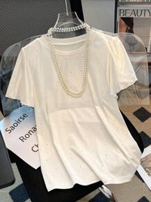 Franclia Autumn Back To School Rhinestone Decor Women T-Shirt - White - View 3