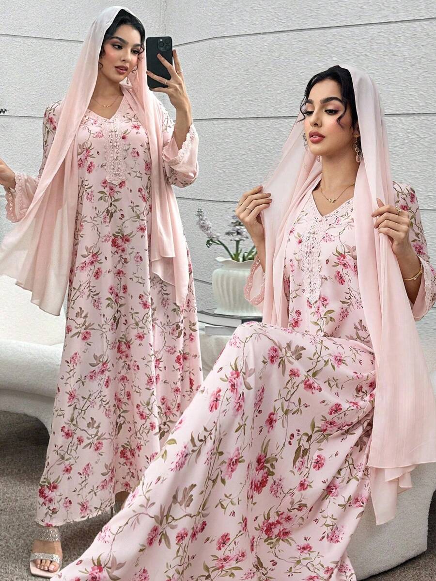 Yasmyna V领雪纺蕾丝拼接花卉印花连衣裙（含头巾） - 粉色 - 查看 1