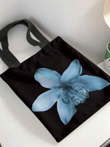 ROMWE Fairycore Reusable Floral Print Canvas Tote Bag, Blue Lily Pattern Shoulder Bag, Suitable For Shopping - Black - View 3