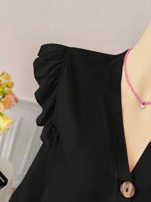 Women V-Neck Loose Solid Color Shirt T-Shirt, Spring/Summer - Black - View 3