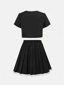 SHEIN 青少年女孩梭织撞色镶边短袖上衣和褶边裙优雅两件套 - 黑與白 - 查看 3