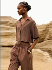 Lumivelle Women's Summer Casual Plain Color Drop Shoulder Loose Short Cropped Shirt