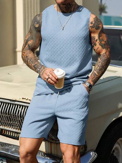 Manfinity Homme 男士纯色圆领休闲纹理背心和短裤套装，夏季