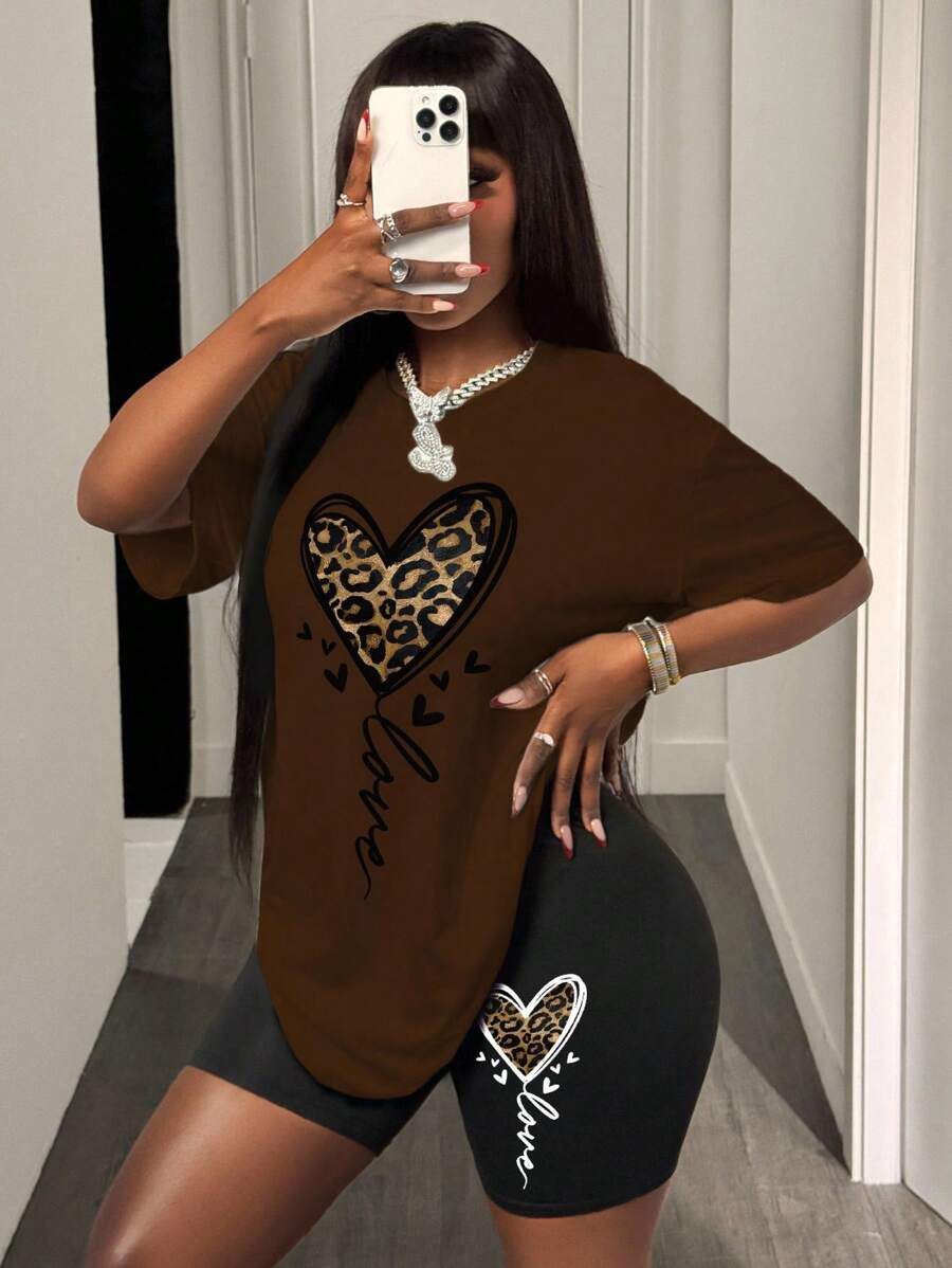 Zolique Women's Drop Shoulder T-Shirt 2pcs/Set With Heart And Leopard Print - Multicolor - View 1