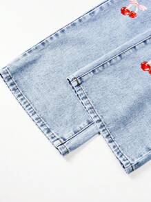 青少年女孩休闲牛仔裤，带有彩色樱桃印花，时尚个性化设计高腰宽松阔腿蓝色水洗牛仔裤，街头时尚风格可爱宽松牛仔裤，青少年女孩牛仔裤，时尚青少年宽松女孩牛仔裤 - 中等水洗藍 - 查看 5