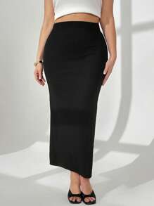 Auralis Plus Size Women's Summer And Autumn Casual Slim Elastic Waist Black Basic Hip Long Skirt, Curve Skirt,Fall Outfits,Women Bottom,Fall Women Clothes,Back To School,Teacher Clothes,Work Clothes,Office Wear,Curve Clothes