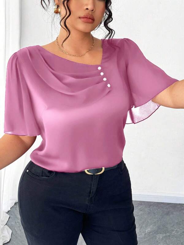 Elenzga Blusa elegante de manga corta con botones, cuello volado y corte asimétrico en tallas grandes