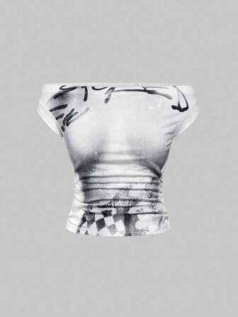 Y2K Streetwear sexy Off-Shoulder figurbetont geschnittenes T-Shirt mit Körperdruck